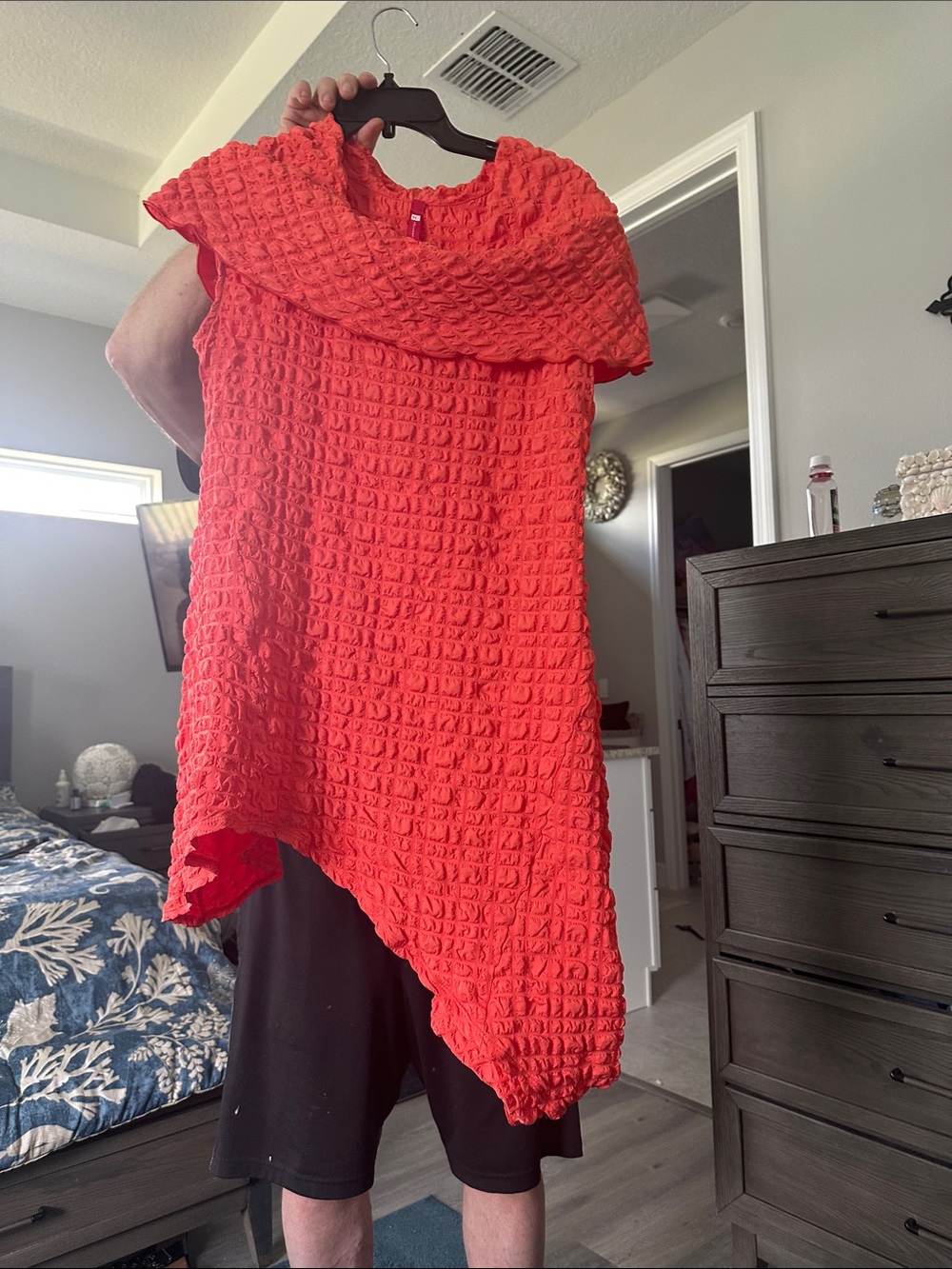 Asymmetrical Textured Red Dress with Folded Collar
